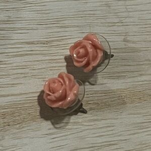 Vintage Pink Rose Stud Earrings - Floral Resin Post Earrings